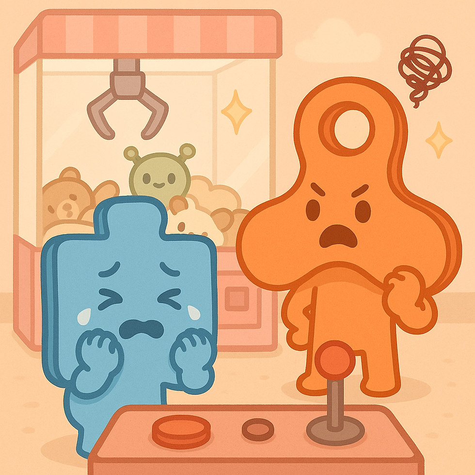 Illustration of JoJo, the blue puzzle piece, crying in front of a claw machine filled with plush toys. JayJay, the orange fidget spinner, stands beside him with a frustrated expression.