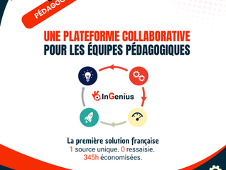 Infographie LAB4Ed présentant InGenius, la première plateforme collaborative française dédiée aux équipes pédagogiques de l'enseignement supérieur : 1 source unique, 0 ressaisie, 345h économisées par an.