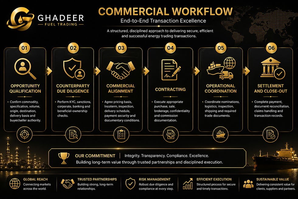 Ghadeer Fuel Trading commercial workflow infographic in black and gold