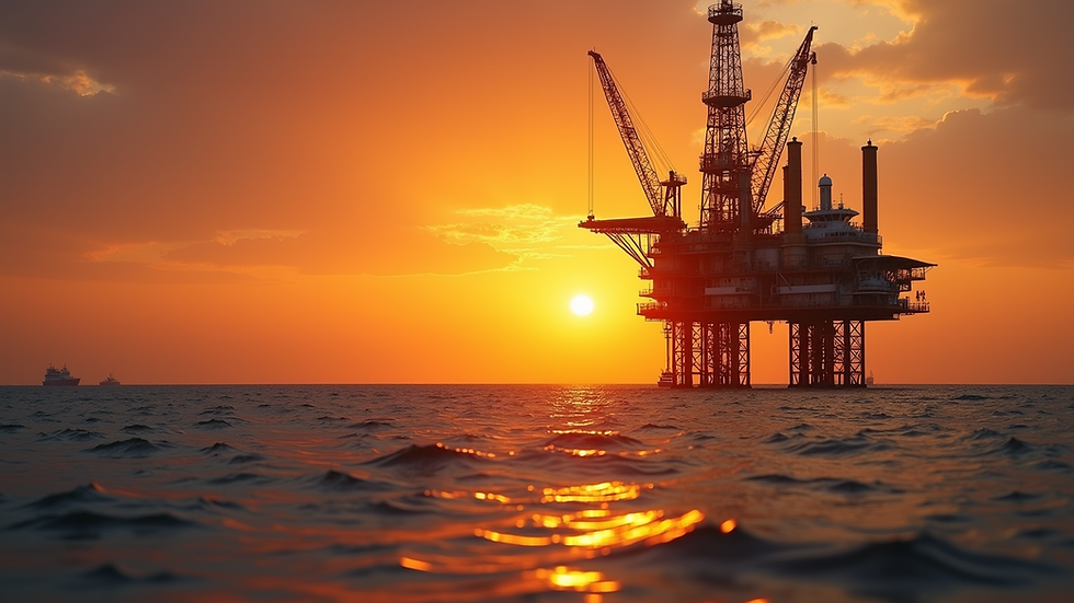Eye-level view of an oil rig against a sunset