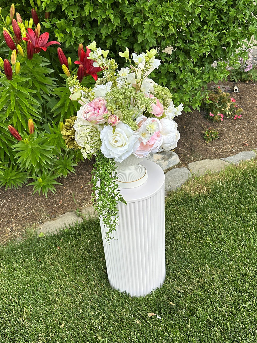 Thumbnail: Silk floral centerpiece with blush roses and cascading greenery at Utah Wedding Rental
