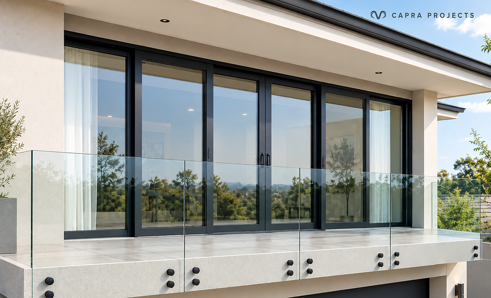 Side mounted frameless glass balustrade mounting systems on a modern balcony