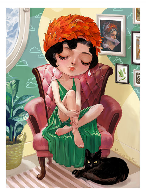 Illstration,l'autome,la fille,le chat