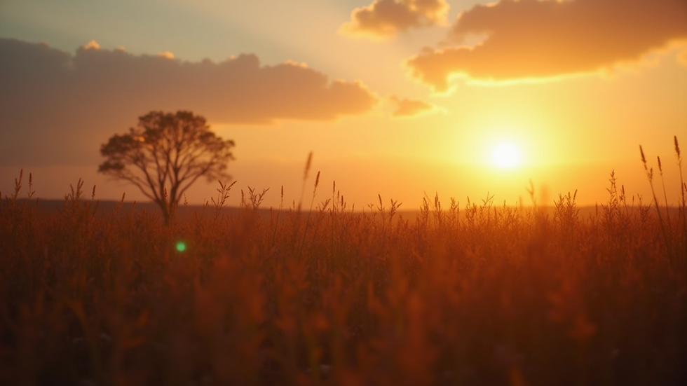 Eye-level view of a serene landscape with a sunset