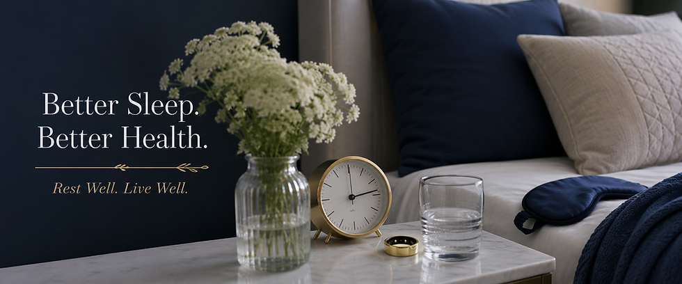 Elegant bedroom with a navy and cream bed, sleep mask, water glass, and bedside clock, representing restful sleep and better health after 50.