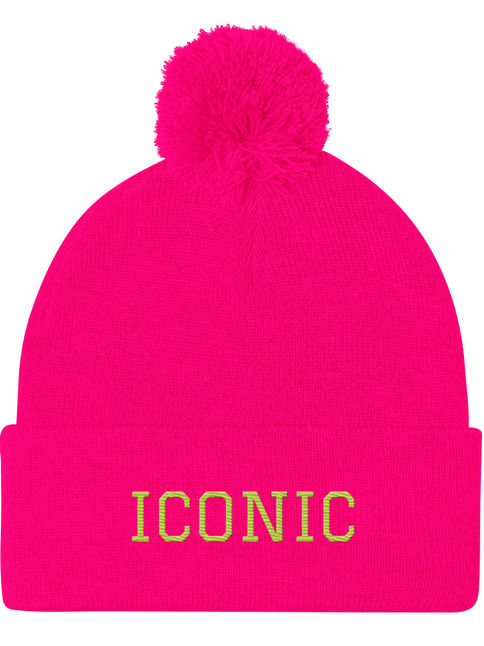 Pom-pom beanie embroidered with the word ‘Iconic’ on the cuff. Statement winter accessory.