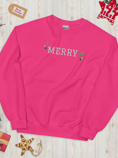 Holiday crewneck with minimalist Merry-ish embroidery