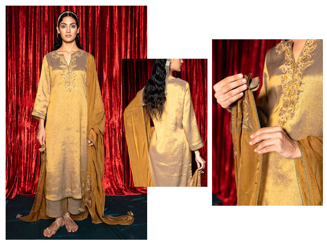 Honey Mustard and Vintage Gold Tissue Kurta Set