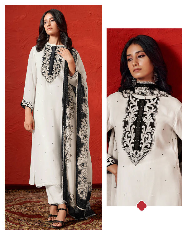 Marshmallow and Black Georgette Kurta Set