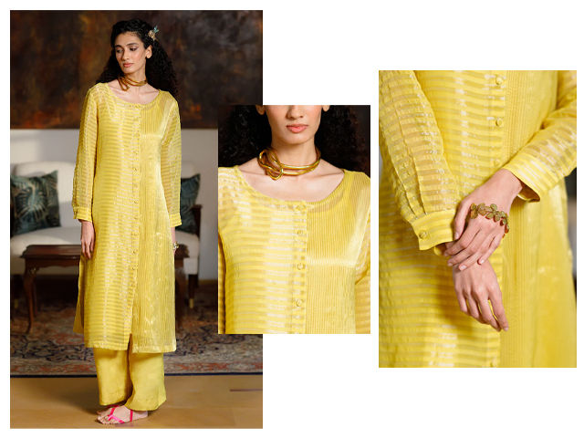 Yellow Organza Zari Woven Stripe Festive Co-Ord Set