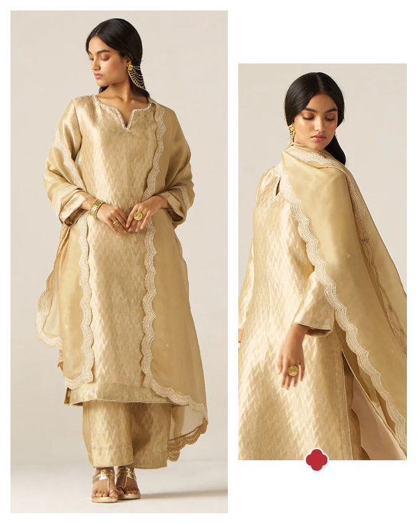 Fog Beige and Golden Woven Tissue Kurta Set