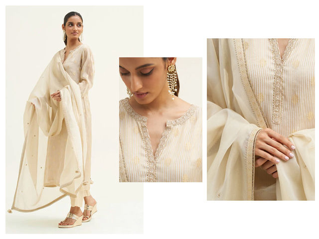 Angora Beige and Golden Organza Jacquard Kurta Set