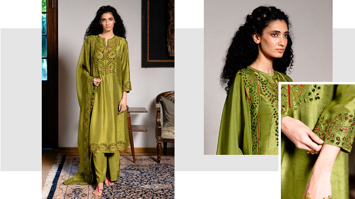 Green Olive Raw Silk Festive Kurta Set