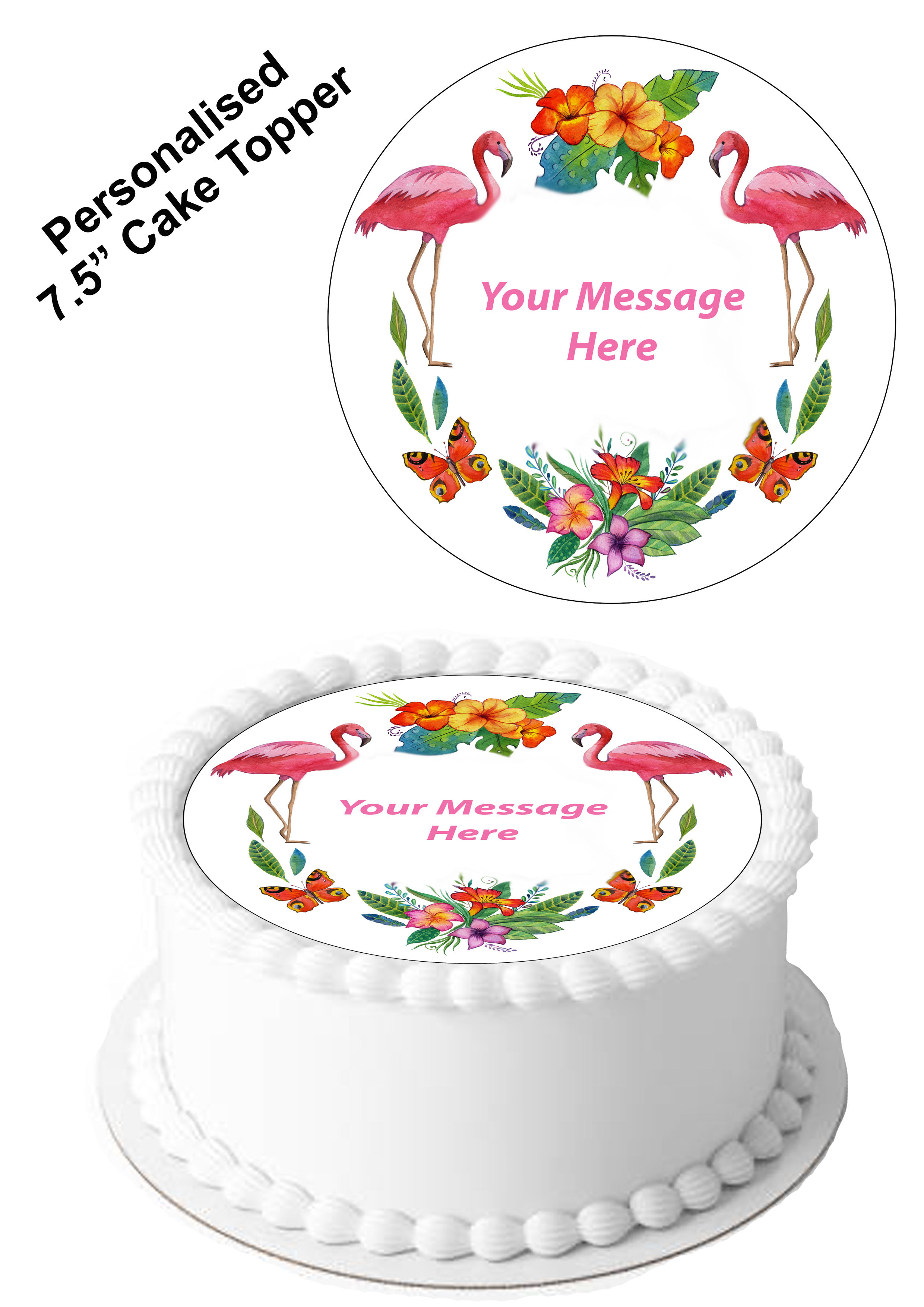 Pink Tropical Flamingo PERSONALISED MESSAGE 7.5 Inch Circle Decor Icing Sheet