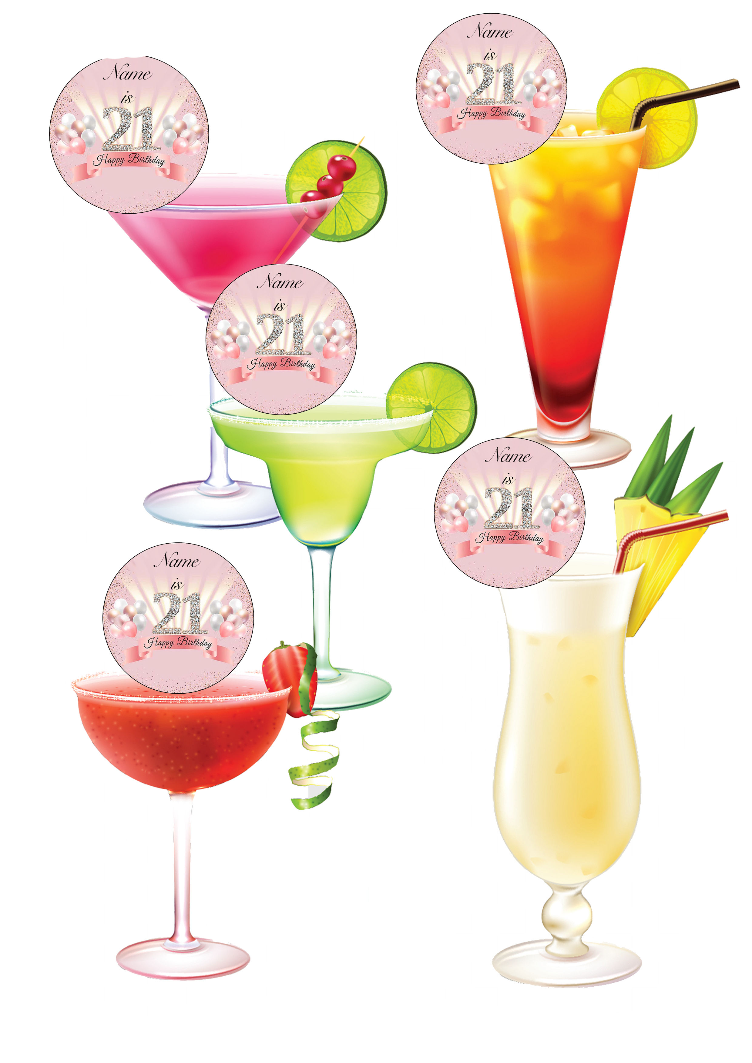 15 Pre-Cut PERSONALISED 21st Birthday Girl Wafer Paper Edible Cocktail Topper