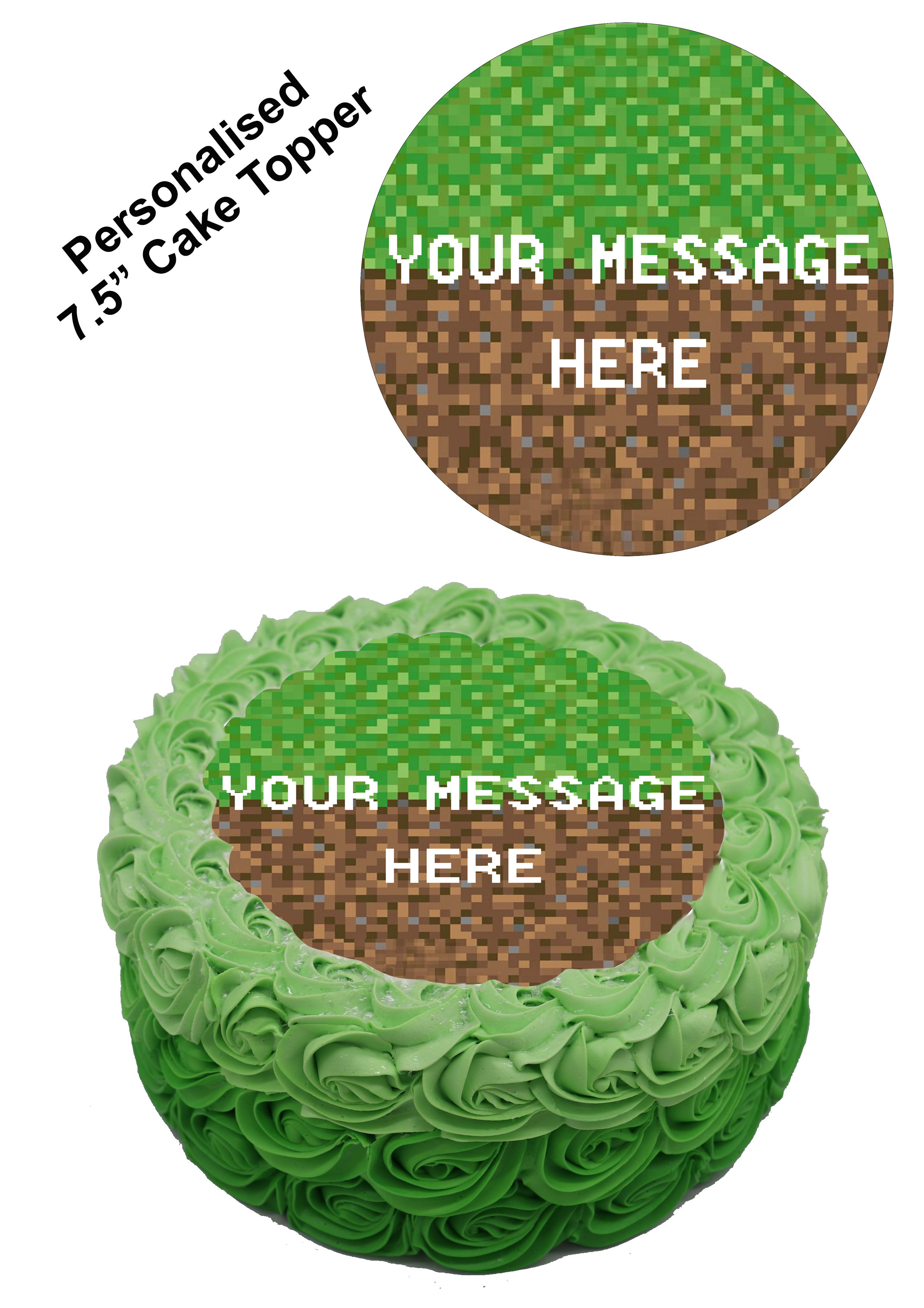 Pixelated Pixel Gaming Style PERSONALISED MESSAGE 7.5 Inch Circle Topper