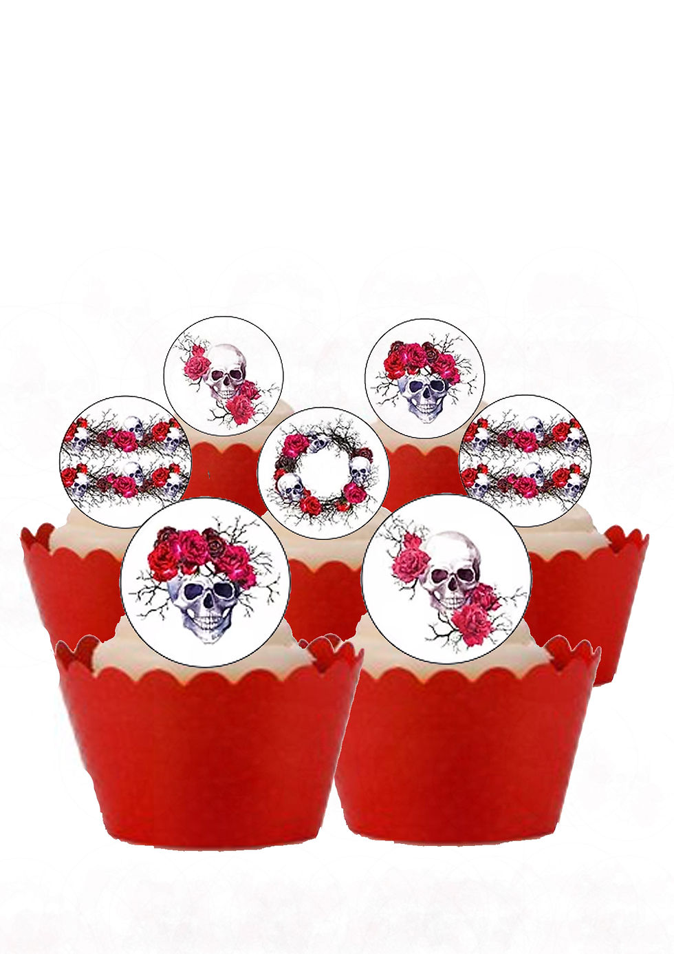 Thumbnail: 24 Precut Edible Wafer Paper Red Rose Gothic Skulls Cake Toppers