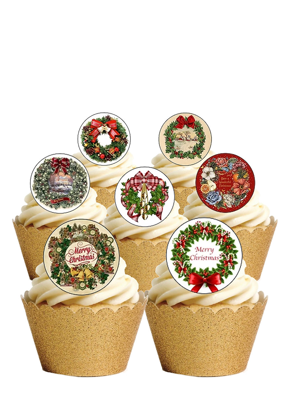 Thumbnail: 24 Precut Vintage Christmas Wreath Edible Wafer Paper Cake Toppers
