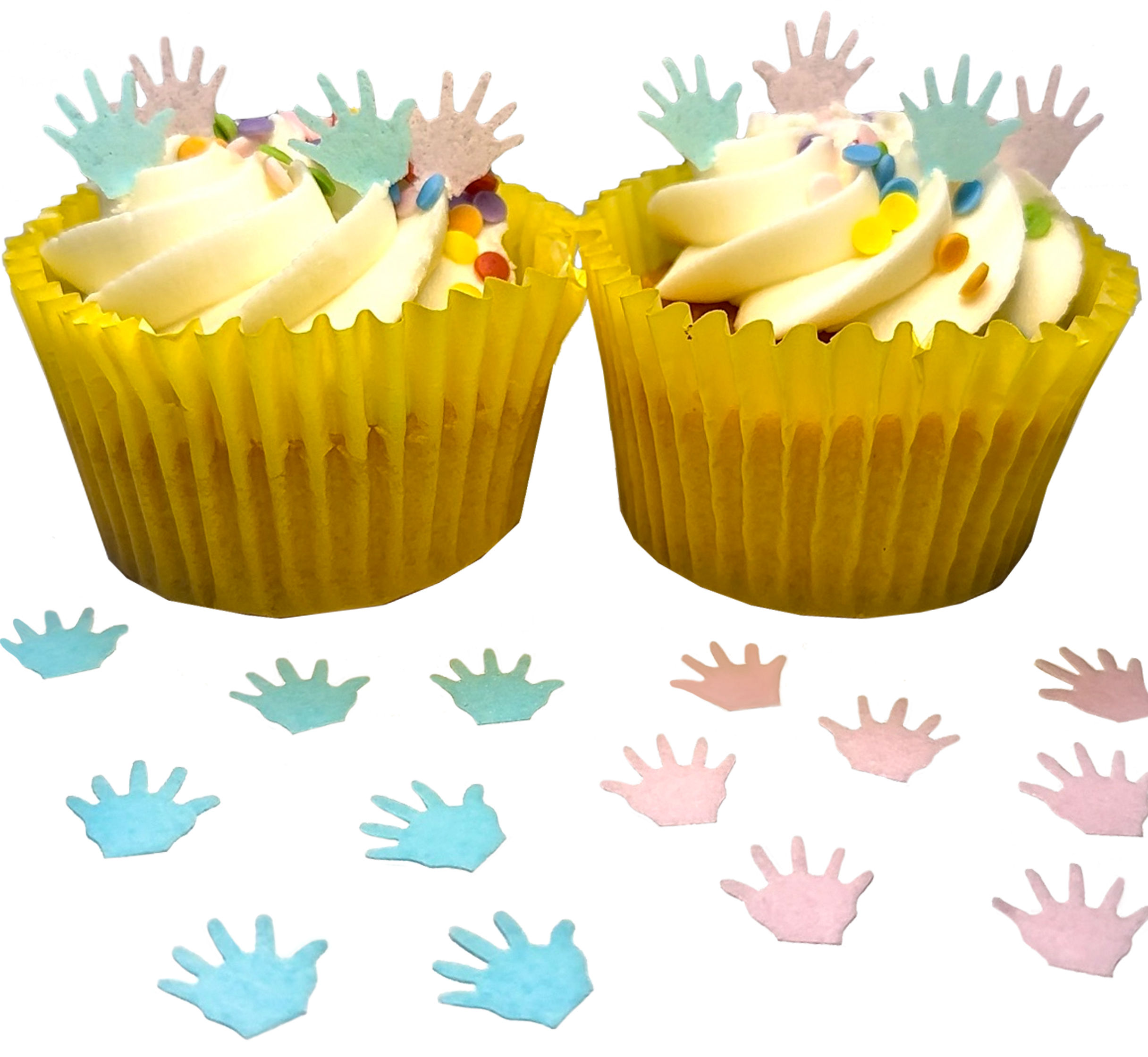 50 Pre-Cut Gender Reveal Pink & Blue HANDS Edible Wafer Paper Toppers
