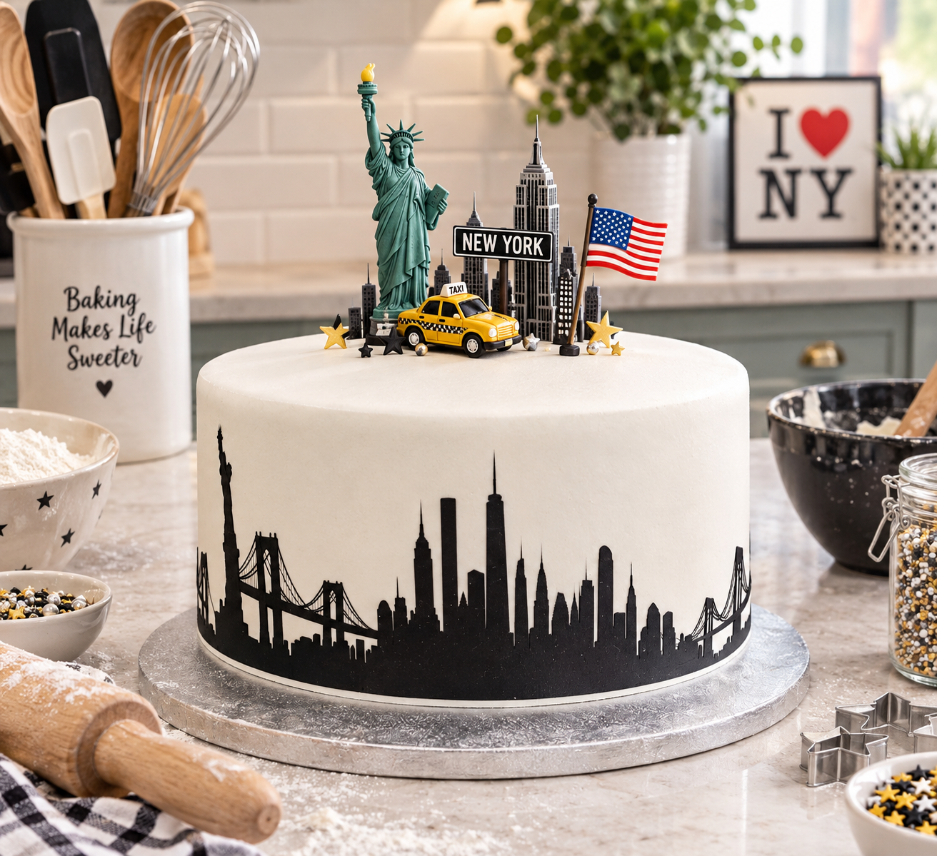 Black White Silhouette New York City Skyline Border Decoration Icing Sheet