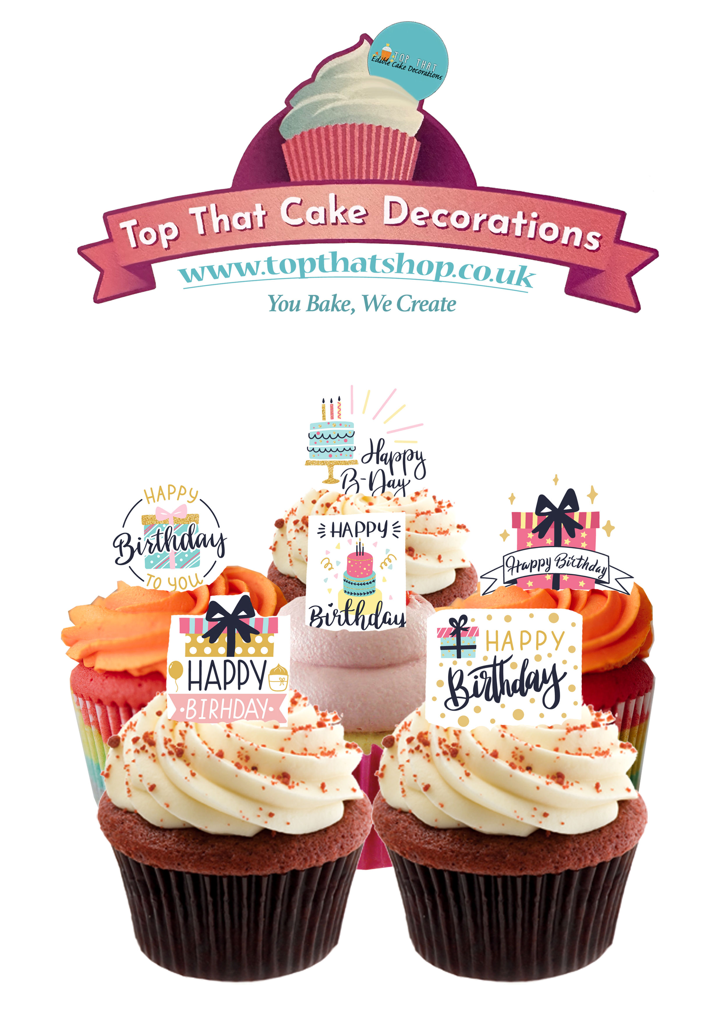 24 Stand Up Bright Happy Birthday Themed Edible Wafer Cake Toppers