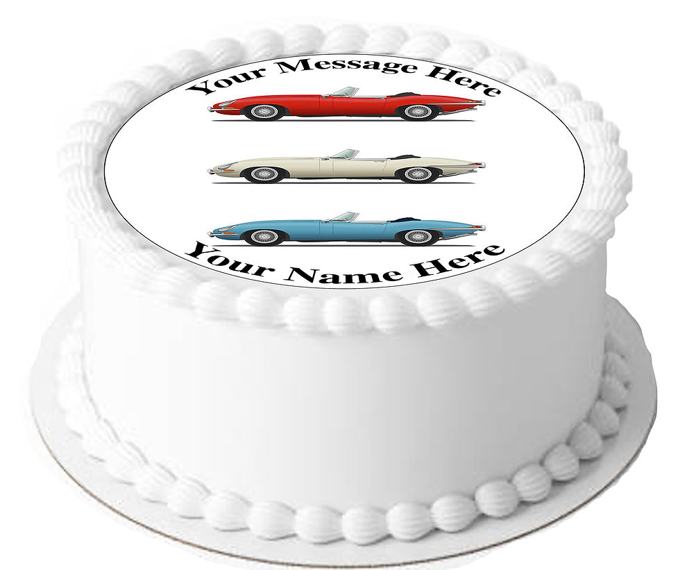 Thumbnail: Classic E-Type Jaguar PERSONALISED MESSAGE 7.5 Inch Circle Icing Cake Topper