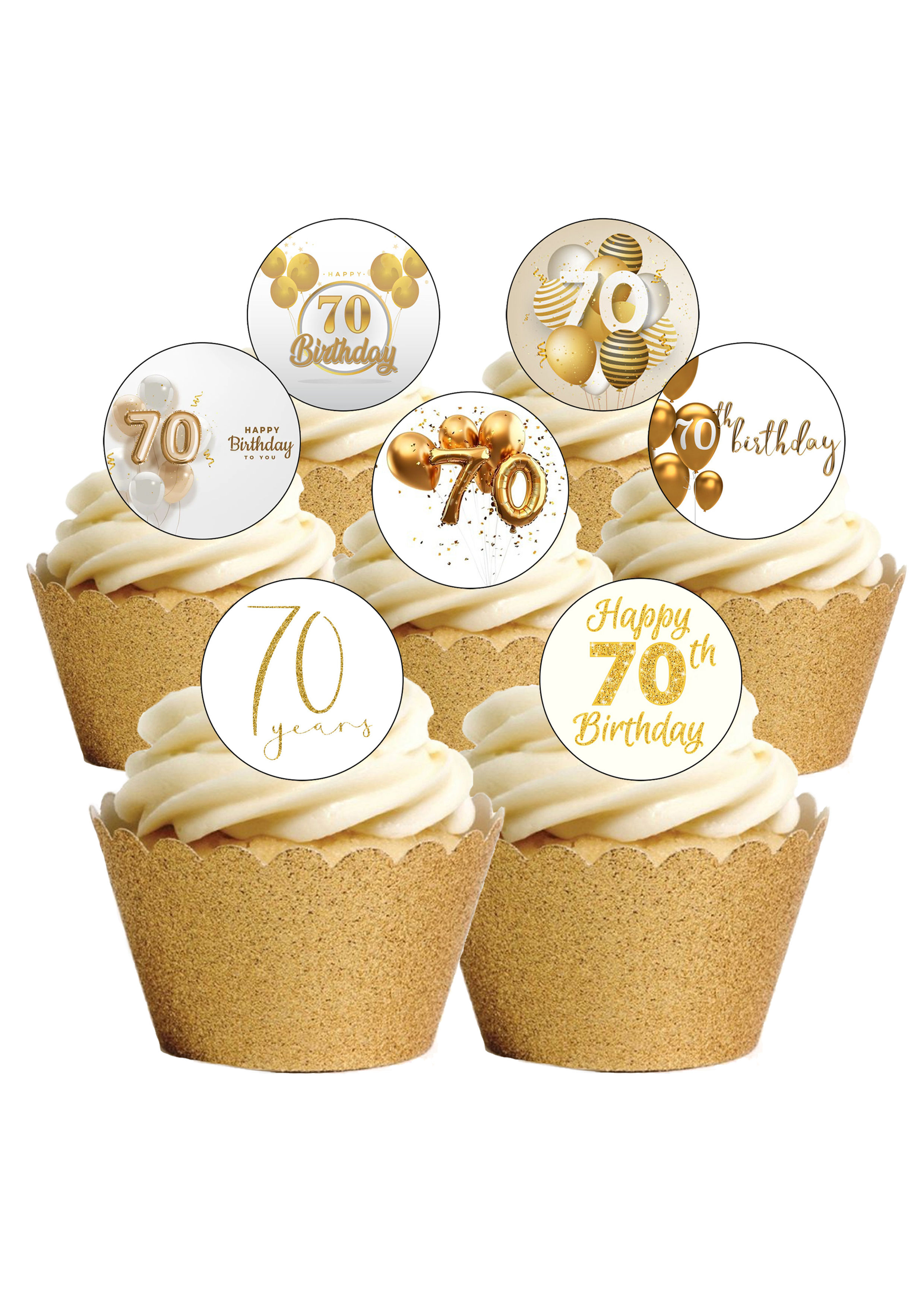 12 Pre-Cut GOLD Age 70 SEVENTY Birthday Thin Edible Wafer Paper Cake Toppers