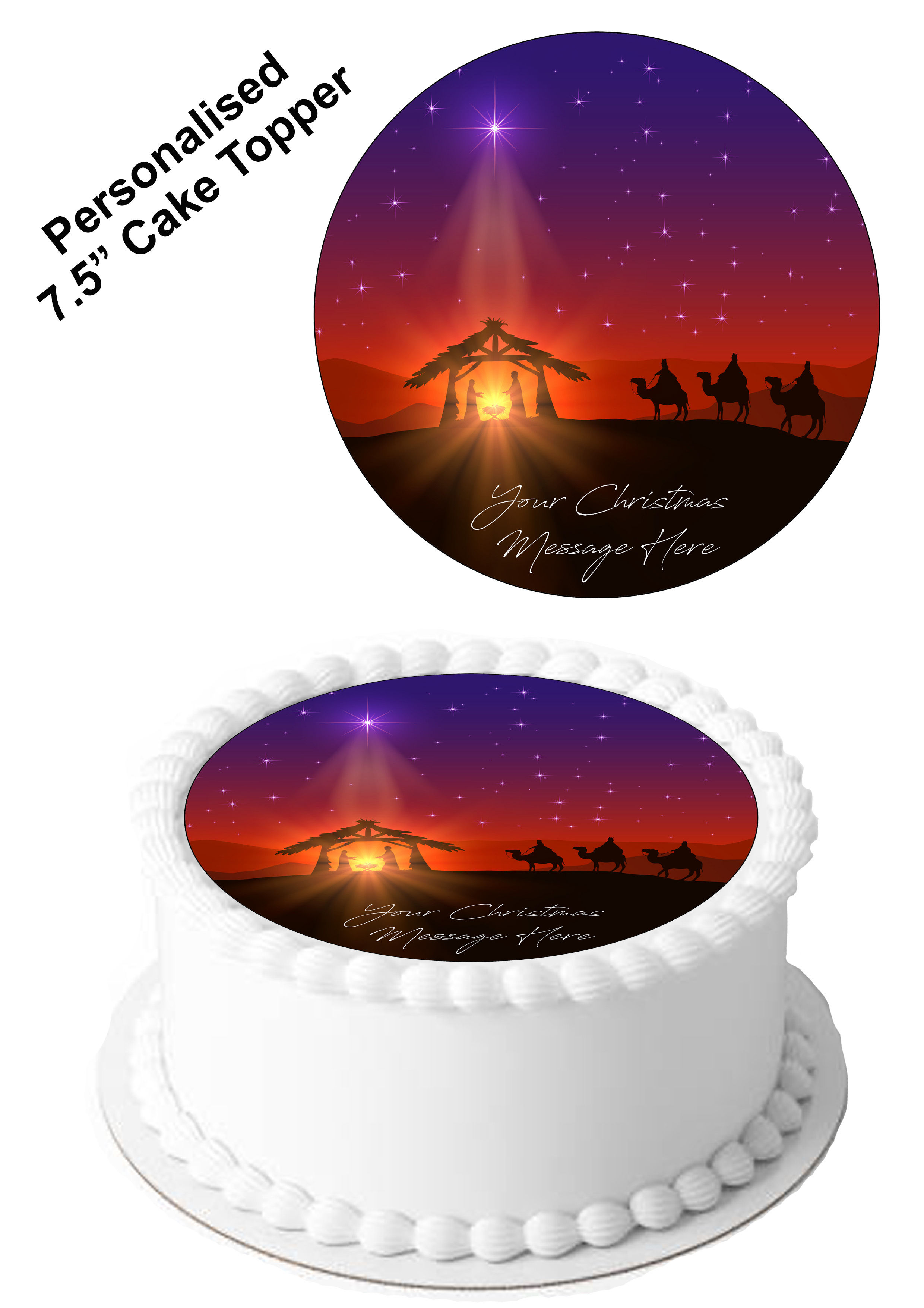 Christmas NATIVITY Scene PERSONALISED MESSAGE 7.5 Inch Circle Decor Icing Topper
