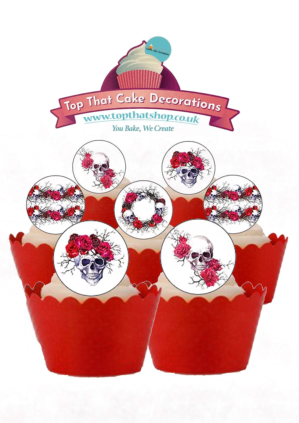 12 Pre-Cut Edible Wafer Paper Red Rose Gothic Skulls Cake Toppers