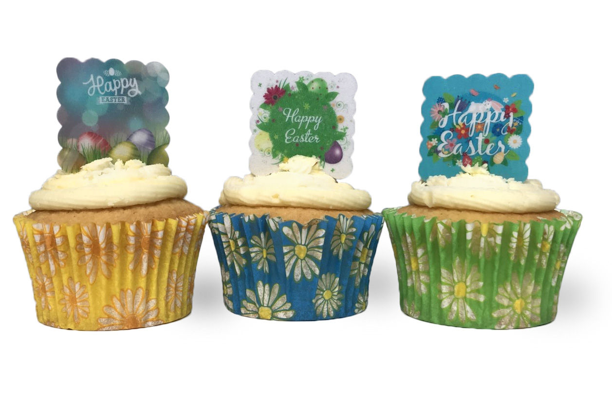 24 SQUARE Pre Cut Scalloped Happy Easter Edible Wafer Paper