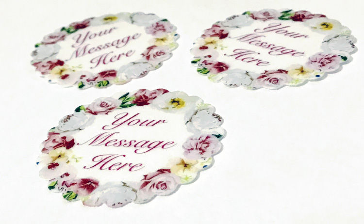 15 Pre-Cut PERSONALISED Scalloped Edge Yellow Pink Floral Thick Wafer Paper