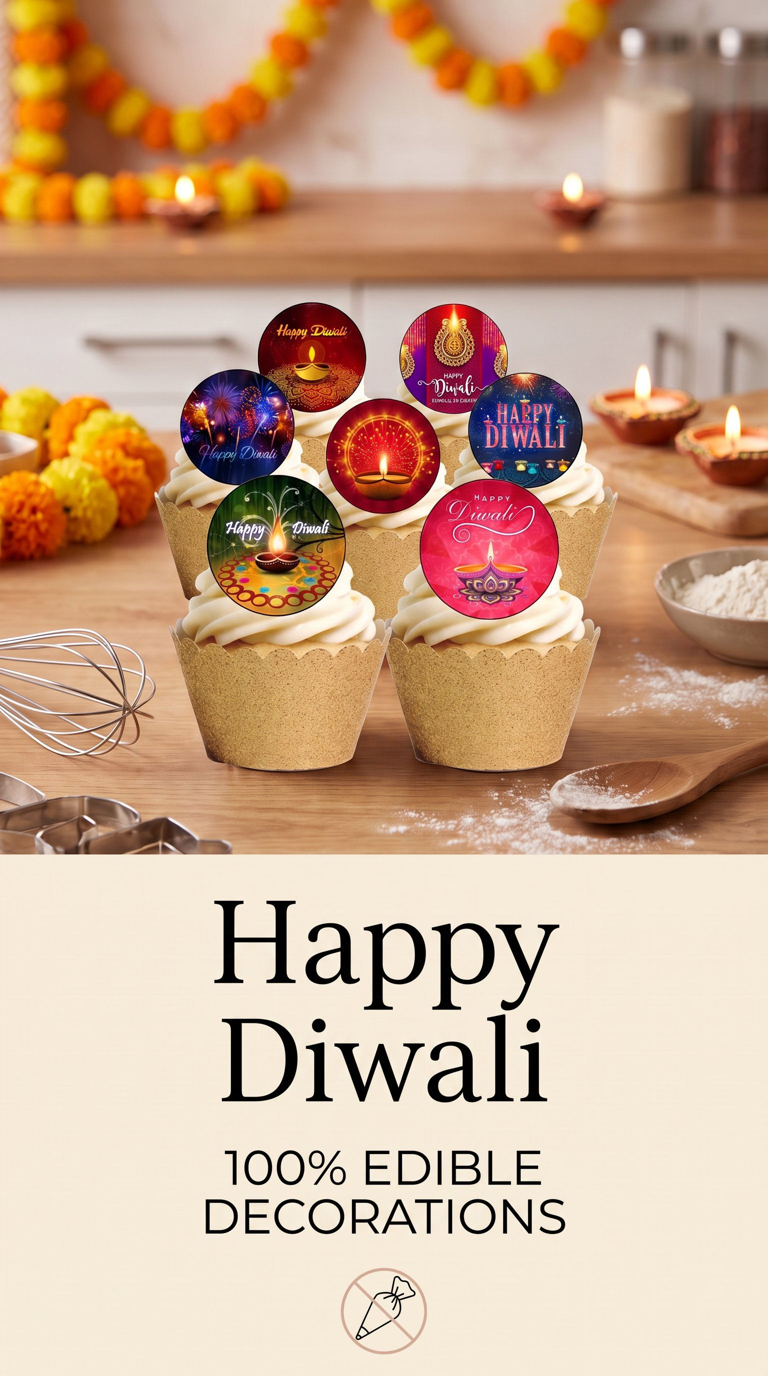 24 Diwali Festival Pre-Cut Edible Wafer Paper Cake Toppers