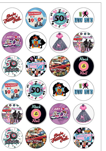24 1950's 50's Fifties Retro Pre-Cut Edible Wafer Paper Cake Toppers ...