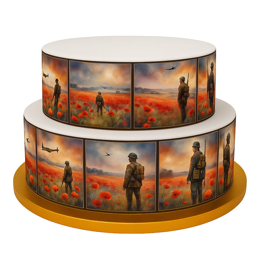 Remembrance Day Soldiers Poppy Field Collage Themed Edible Icing Cake Border