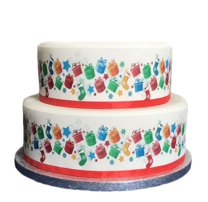 Christmas Stockings and Presents themed Border Decor Icing Sheet