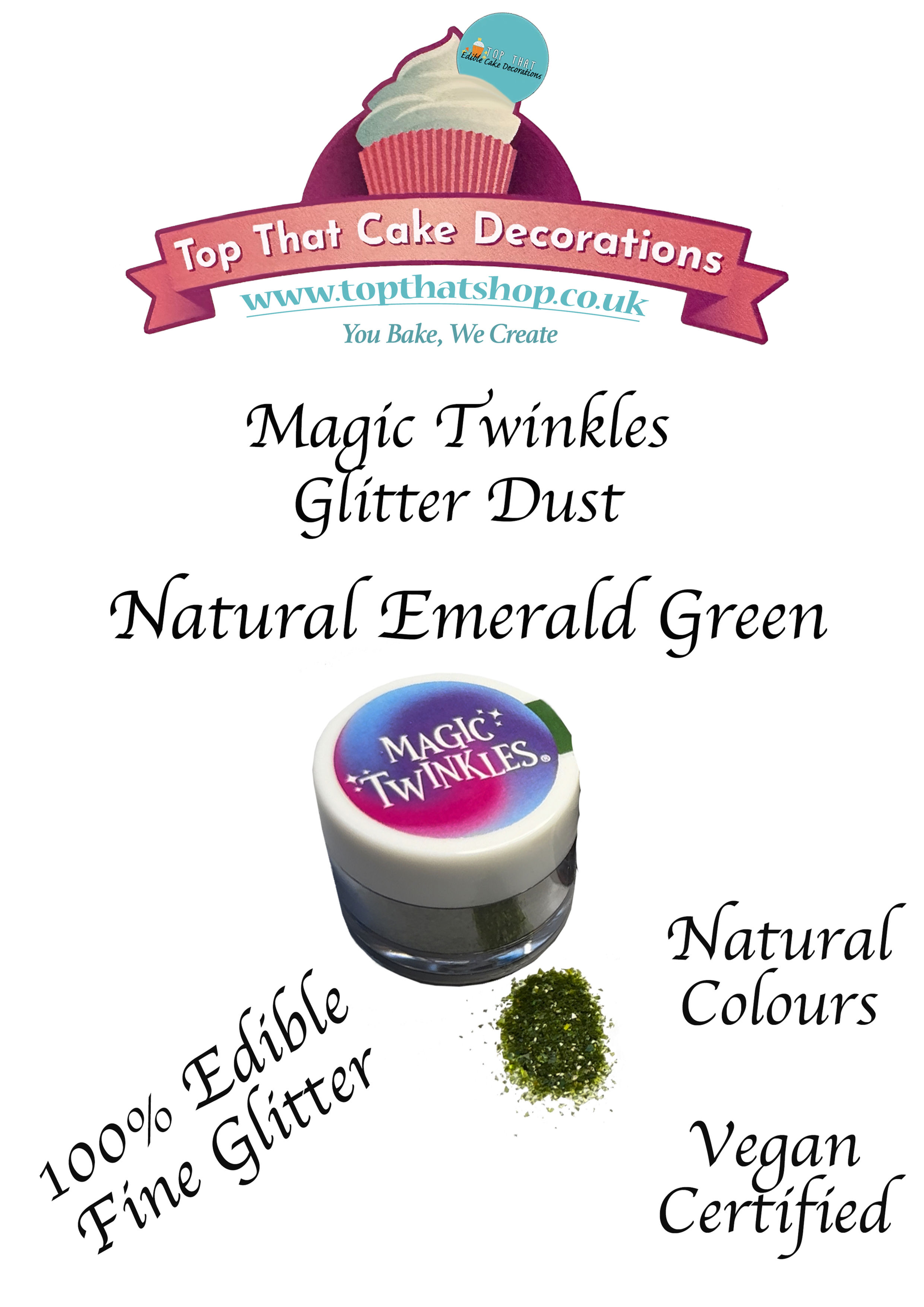 Magic Twinkles Edible Glitter Dust - Natural Emerald Green - 2g bag
