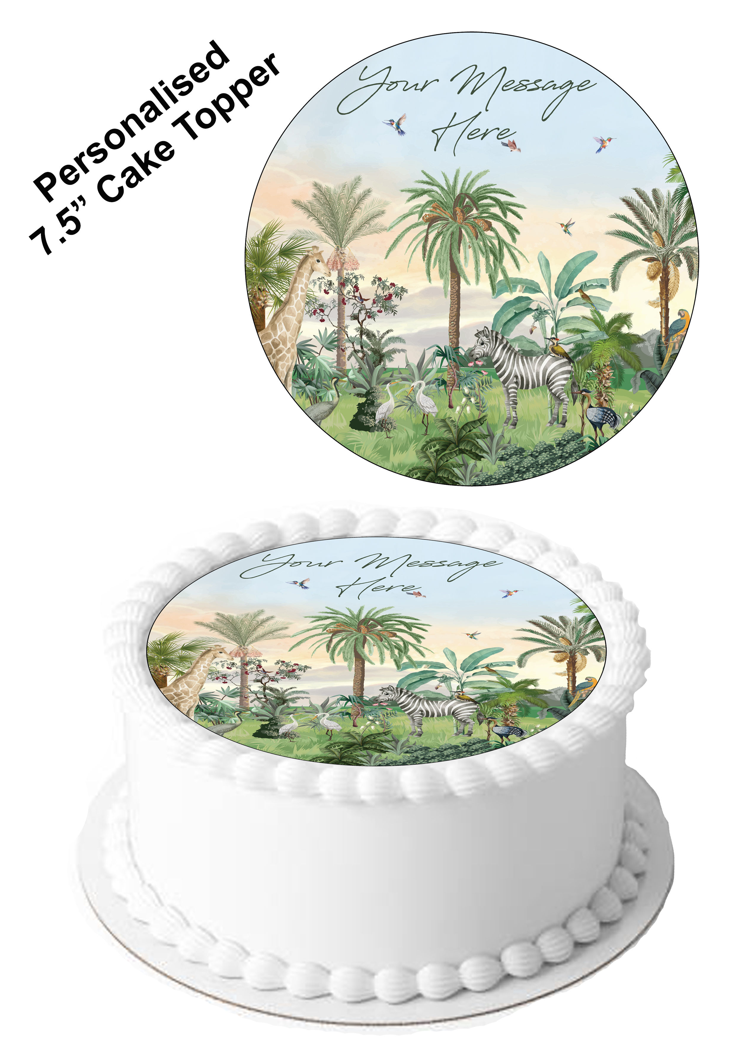 African Safari Wild Animals PERSONALISED MESSAGE 7.5 Inch Circle Icing Topper