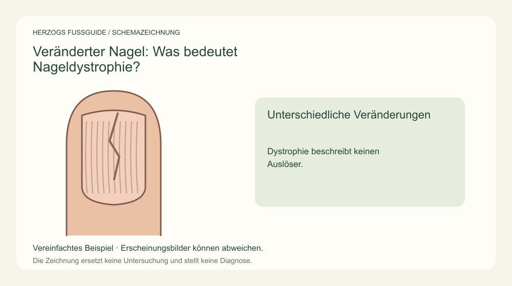 Unterschiedliche Veränderungen. Dystrophie beschreibt keinen Auslöser. Medizinische Schemazeichnung; kein Patientenfoto.