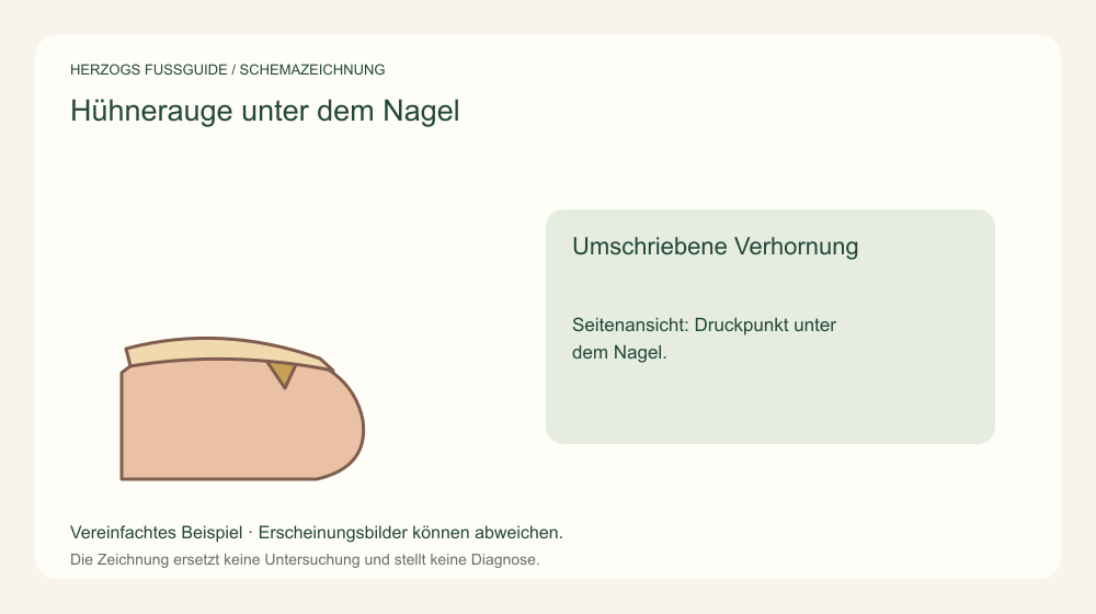 Umschriebene Verhornung. Seitenansicht: Druckpunkt unter dem Nagel. Medizinische Schemazeichnung; kein Patientenfoto.