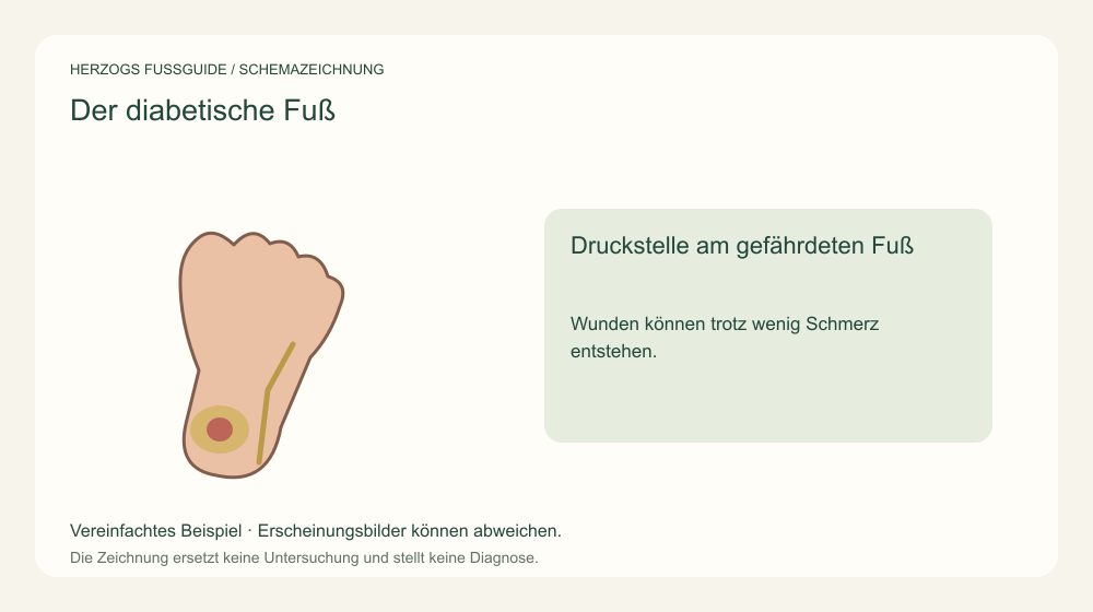 Druckstelle am gefährdeten Fuß. Wunden können trotz wenig Schmerz entstehen. Medizinische Schemazeichnung; kein Patientenfoto.