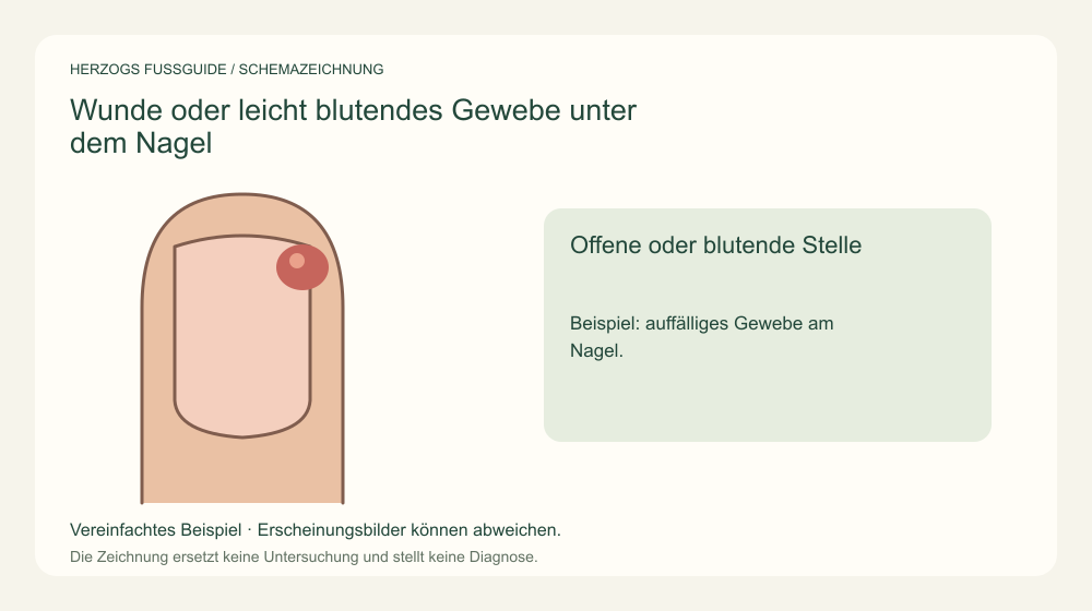 Offene oder blutende Stelle. Beispiel: auffälliges Gewebe am Nagel. Medizinische Schemazeichnung; kein Patientenfoto.