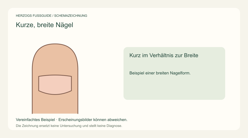 Kurz im Verhältnis zur Breite. Beispiel einer breiten Nagelform. Medizinische Schemazeichnung; kein Patientenfoto.