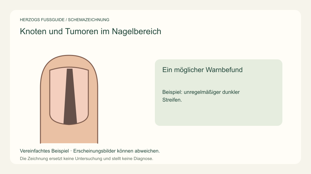 Ein möglicher Warnbefund. Beispiel: unregelmäßiger dunkler Streifen. Medizinische Schemazeichnung; kein Patientenfoto.