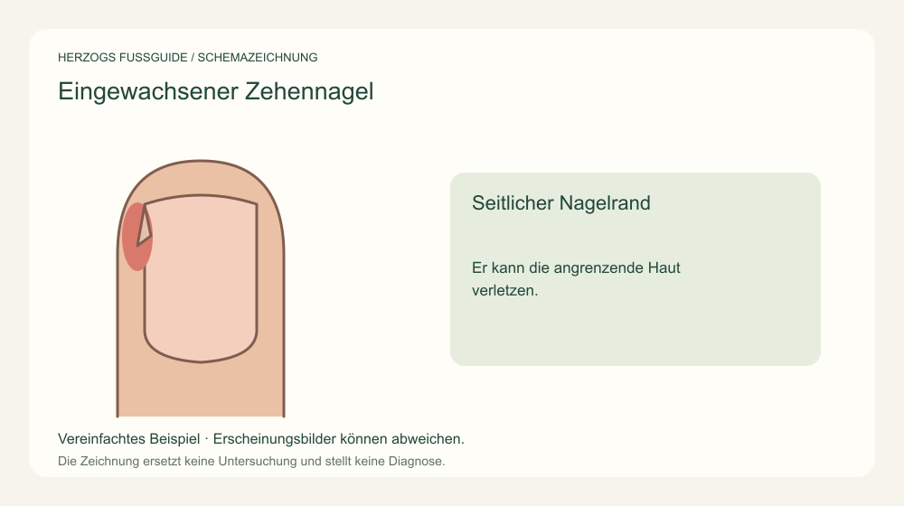 Seitlicher Nagelrand. Er kann die angrenzende Haut verletzen. Medizinische Schemazeichnung; kein Patientenfoto.