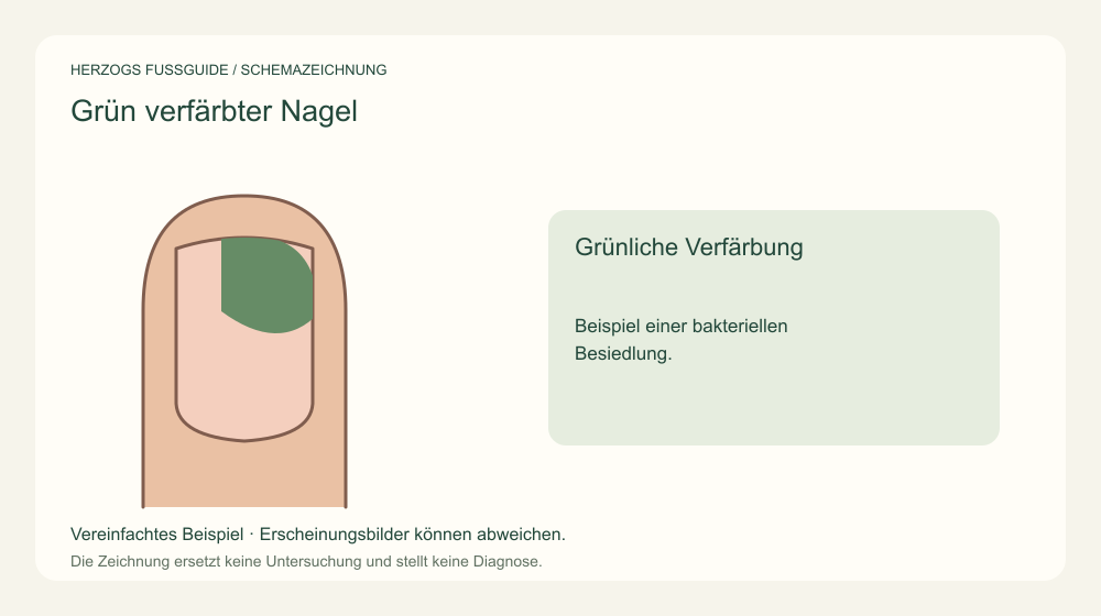 Grünliche Verfärbung. Beispiel einer bakteriellen Besiedlung. Medizinische Schemazeichnung; kein Patientenfoto.