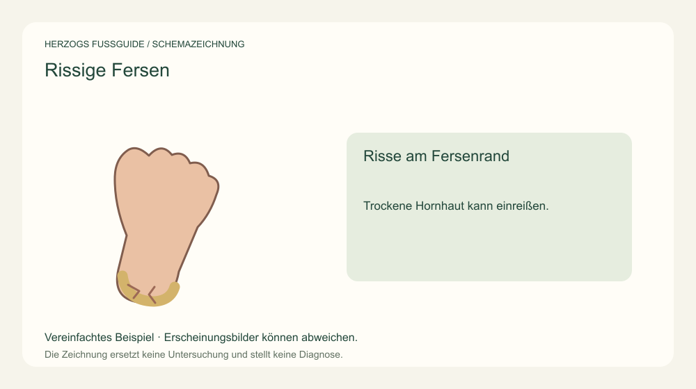Risse am Fersenrand. Trockene Hornhaut kann einreißen. Medizinische Schemazeichnung; kein Patientenfoto.