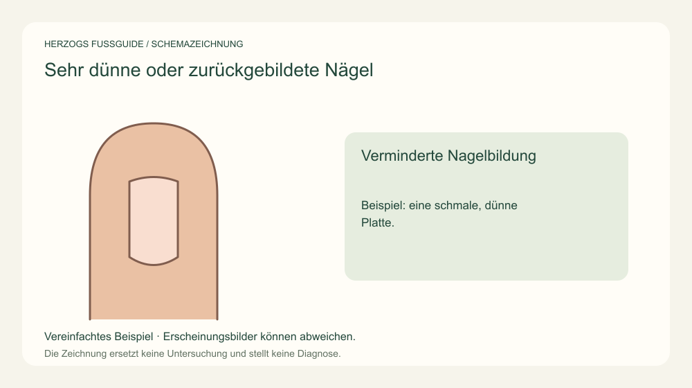 Verminderte Nagelbildung. Beispiel: eine schmale, dünne Platte. Medizinische Schemazeichnung; kein Patientenfoto.