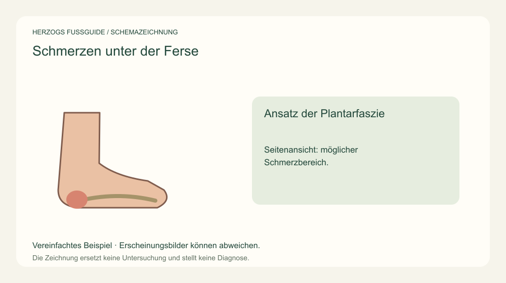 Ansatz der Plantarfaszie. Seitenansicht: möglicher Schmerzbereich. Medizinische Schemazeichnung; kein Patientenfoto.