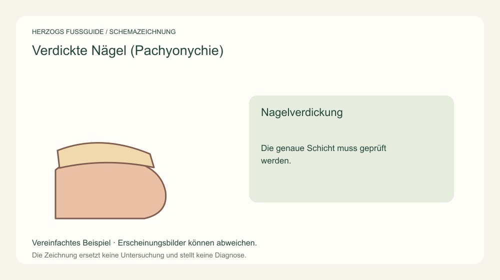 Nagelverdickung. Die genaue Schicht muss geprüft werden. Medizinische Schemazeichnung; kein Patientenfoto.