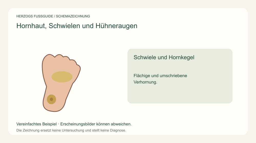 Schwiele und Hornkegel. Flächige und umschriebene Verhornung. Medizinische Schemazeichnung; kein Patientenfoto.